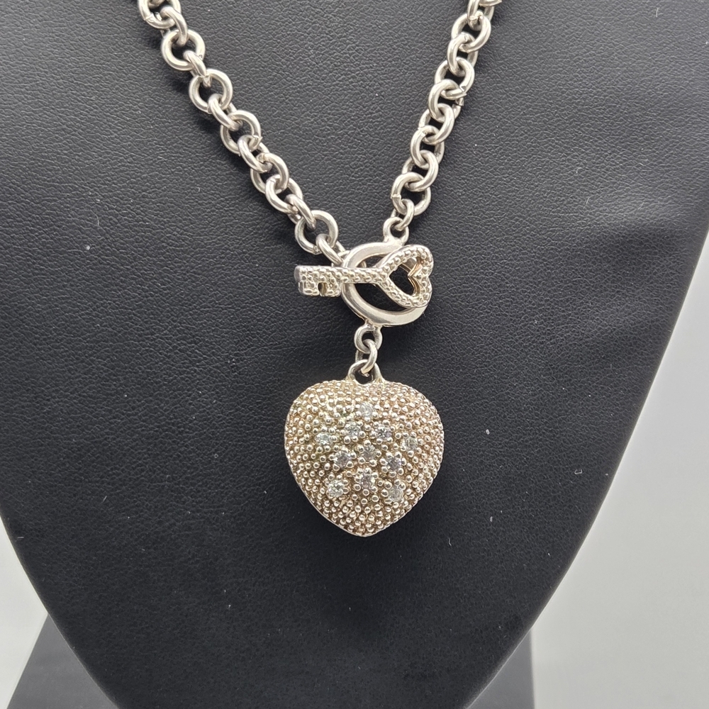 Puffy Heart Pendant Necklace - Gold - Silver Tone chain front toggle clasp 18”